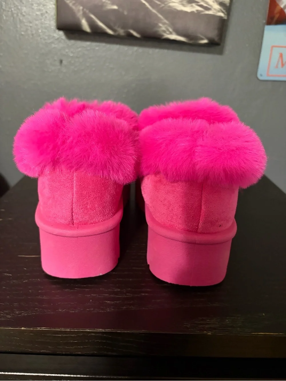 Hot Pink Platform Fur Slip-On Mules with Jewel Accents